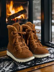 2025 New Mid-Calf Women's Snow Boots, Round Toe Casual Lace-Up, Thermal Lined, Thick Faux Fur, Waterproof Platform, Versatile, Fashion, Plus Size, Brown Short Boots, Lightweight & Anti-Slip For Winter