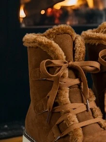 2025 New Mid-Calf Women's Snow Boots, Round Toe Casual Lace-Up, Thermal Lined, Thick Faux Fur, Waterproof Platform, Versatile, Fashion, Plus Size, Brown Short Boots, Lightweight & Anti-Slip For Winter