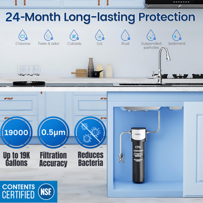 24-Month Chlorine Reduction Under Sink Water Filter System, NSF Certified Water Filtration System Vortopt Q5-C2 19000 Gallons
