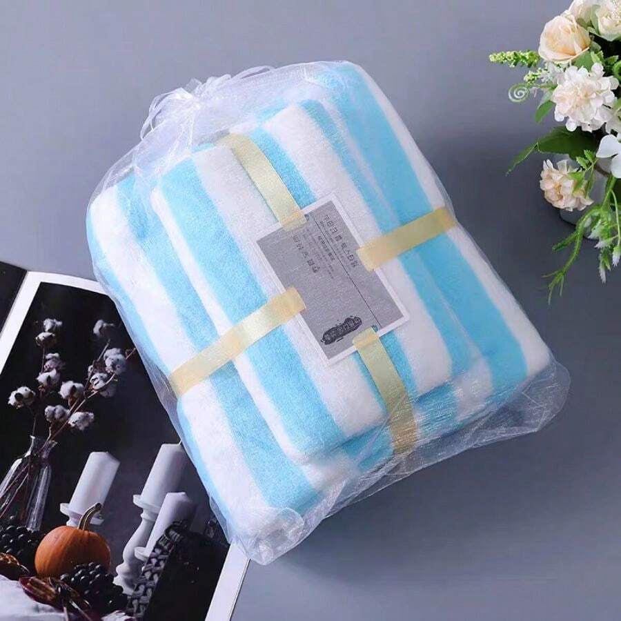 1pc Towel Kit/1pc Bath Towel Coral Velvet Striped High Density Thickened - Màu xanh lam - Xem 1