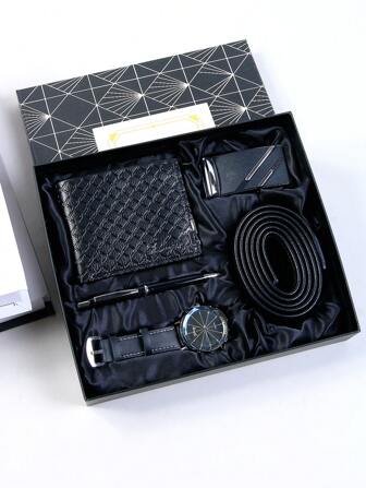 6 Pieces Gift Box Set, Fashionable Watch+Automatic Buckle+Belt+Casual Wallet+Signature Pen+Exquisite Gift Box, Gift For Dad And Boyfriend, Father's Day, Party Gifts, Birthday Gifts, Souvenirs, Practical, Simple, Business, Industrial, Leisure, And Personalized Gifts For Men Christmas And Valentine's Day Gifts Wholesale Distribution, Eid Al Fitr Distribution