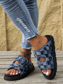 2024 Summer New Round Toe Thick-Sole Fringe Slip-On Slippers, Fashionable Plus Size Roman Platform Canvas Beach Retro Sandals With Buckle Houndstooth Weaving, British Style Sandals In Stock