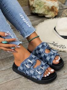 2024 Summer New Round Toe Thick-Sole Fringe Slip-On Slippers, Fashionable Plus Size Roman Platform Canvas Beach Retro Sandals With Buckle Houndstooth Weaving, British Style Sandals In Stock