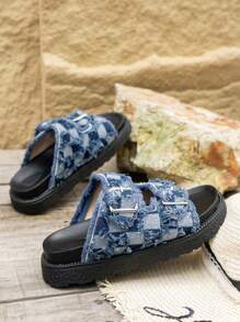 2024 Summer New Round Toe Thick-Sole Fringe Slip-On Slippers, Fashionable Plus Size Roman Platform Canvas Beach Retro Sandals With Buckle Houndstooth Weaving, British Style Sandals In Stock