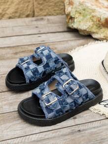 2024 Summer New Round Toe Thick-Sole Fringe Slip-On Slippers, Fashionable Plus Size Roman Platform Canvas Beach Retro Sandals With Buckle Houndstooth Weaving, British Style Sandals In Stock