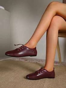 Nuevas bailarinas con cordones de otoño, invierno burdeos, zapatos casuales de ballet para mujeres - Rojo - Ver 9