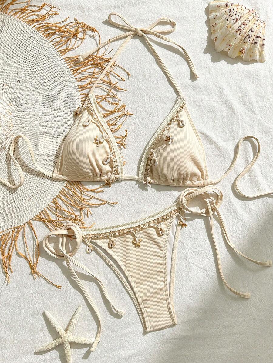 Bikinx Women Solid Color Stitching Ribbon Shell Decoration Triangle Cup Lace-Up Bikini Set For Beach Vacation Summer - Beige - View 1