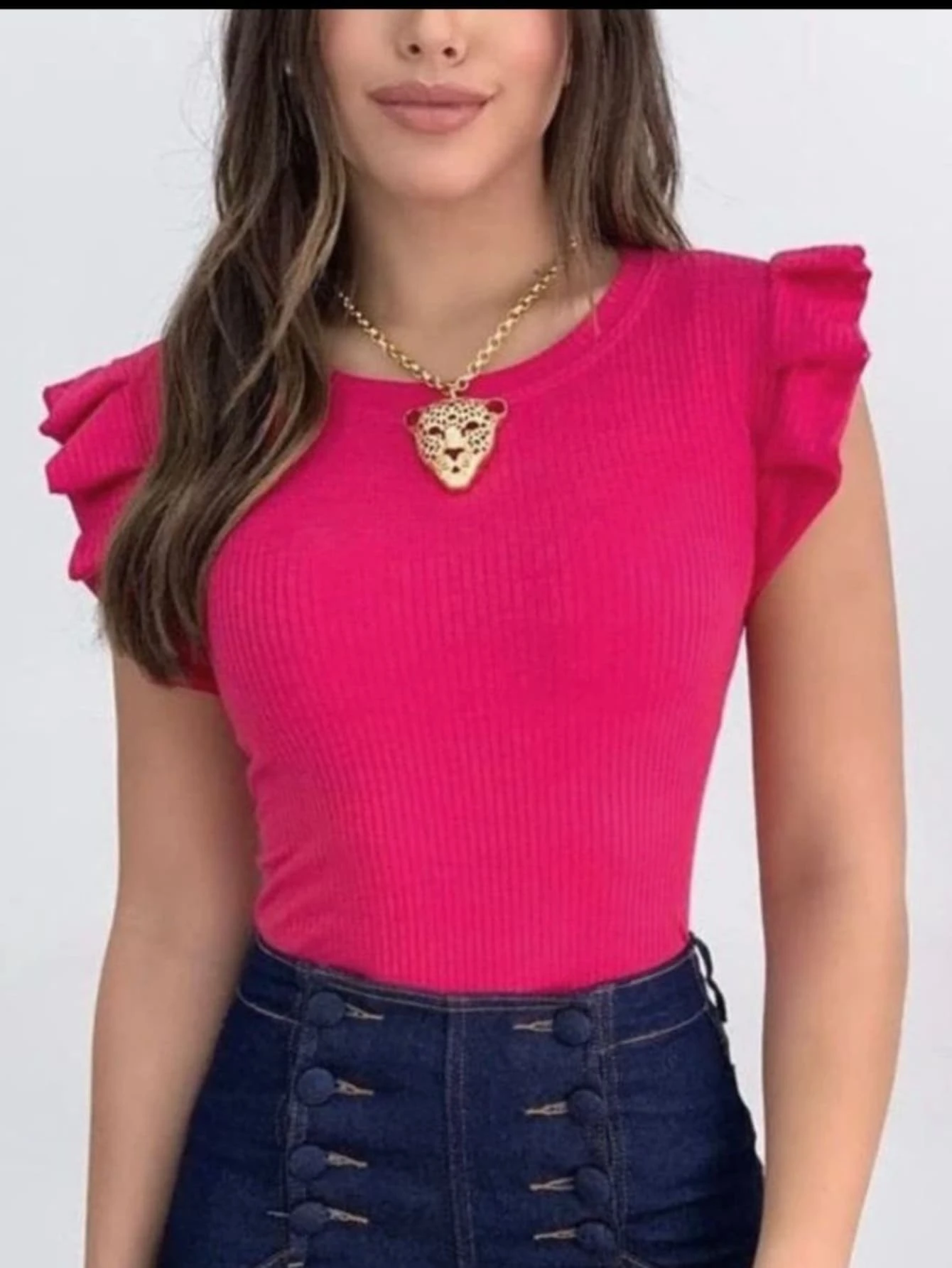 Women's Sunflower Ribbed Blouse With Round Sleeves And Ruffles Fashion Blogger - Hot Pink - View 1