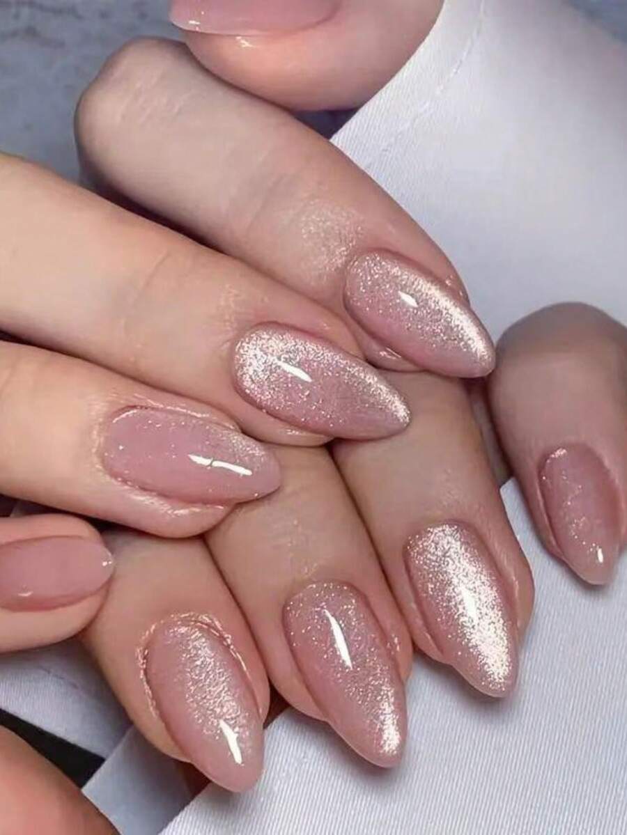 24 件杏仁形猫眼裸粉色假指甲,女士高端纯色指甲贴 - 粉色 - 查看 1