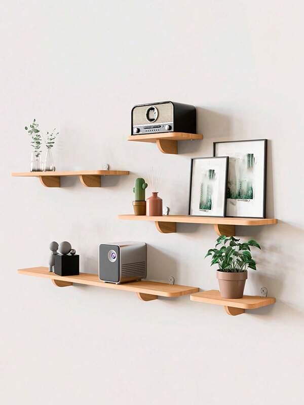 1pc Yellow Solid Wood Wall Shelf Rack, Hanging Storage OrganizerRoom Decor