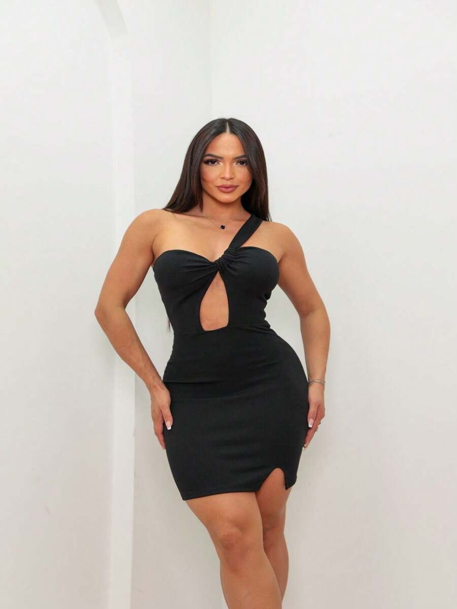 Women's Short Dress With Single Straps, Ribbed, Launch 2024 - màu đen - Xem 1