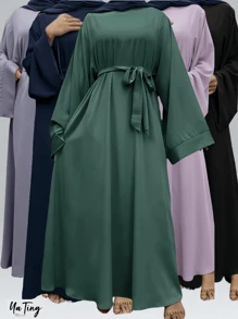 1 件全新纯色头巾优雅高端舒适长袍配腰带，适合日常穿着和聚会（Abaya） - 彩色 - 查看 6