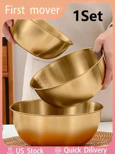 3pcs Stainless Steel Salad Bowl Set - Large Size, Double Layer Insulated, Shatterproof And Rust-Resistant - Perfect For Soup, Noodles And Lunch - Essential Kitchen Tool