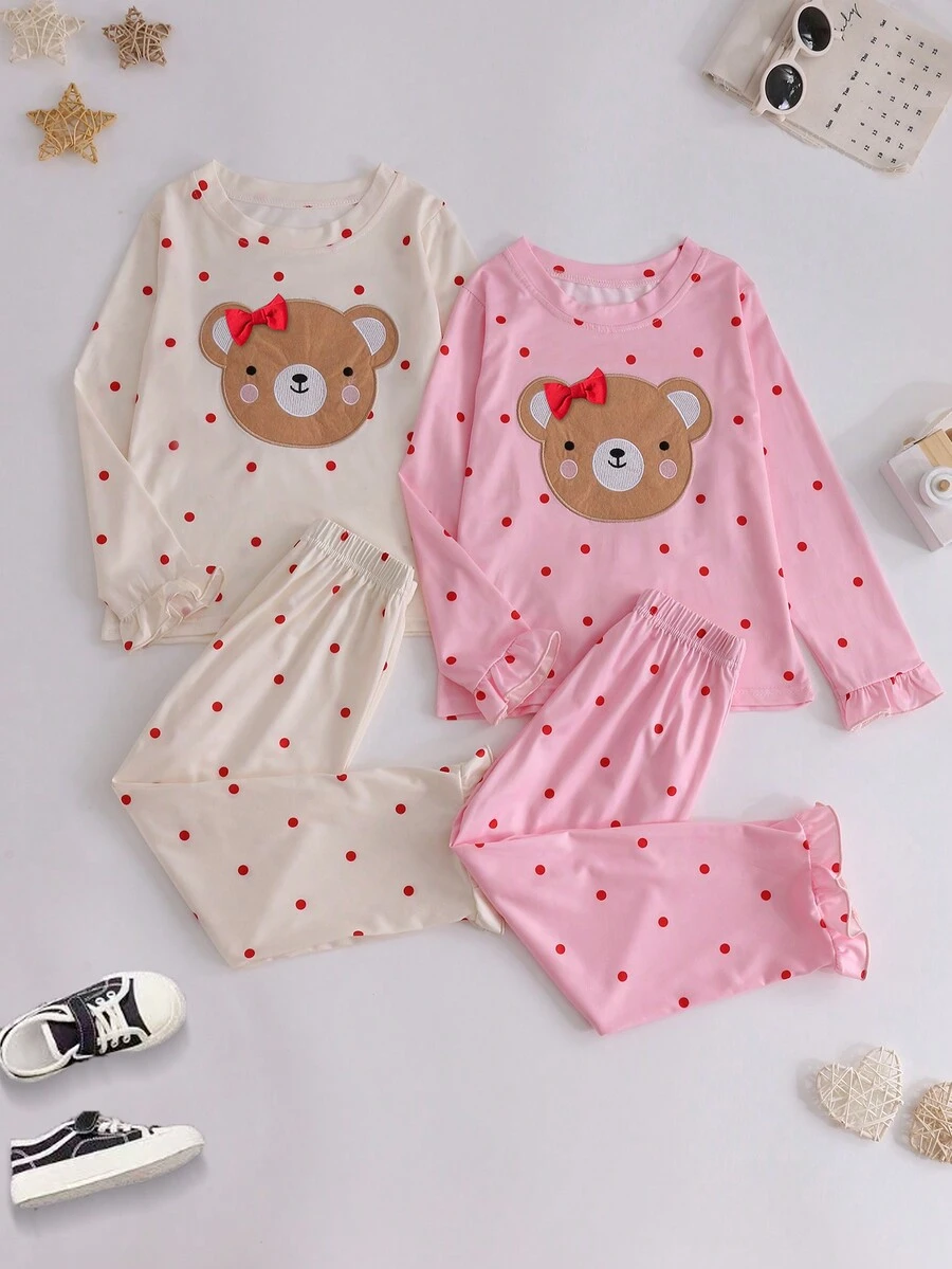 Young Girl 2pcs Heart & Bear Print Ruffle Trim PJ Set - Multicolor - View 1