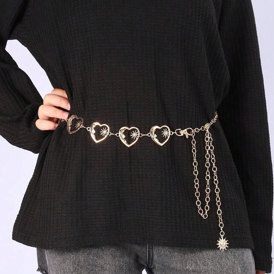 Heart & Moon Shape Chain Belt For Women, Decorative Waist Chain