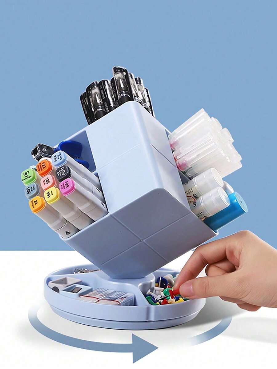 1pc 360 Degree Rotating Desk Organizer Box, Large Capacity - Multicolor - View 1