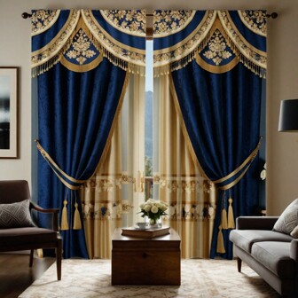 2pcs High Definition Digital Printed Curtains, French Style With Yellow Embroidery, Home Decor For Living Room And Bedroom