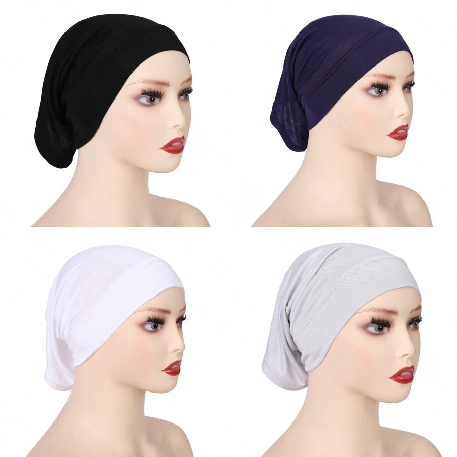 4 Pieces/Set Solid Color Inner Hijab Cap Breathable Stretchy Tube Turban Hat Underscarf Abaya Accessories Daily Under Cap Veiled Clothes,Beach,Holiday - Multicolor - View 1