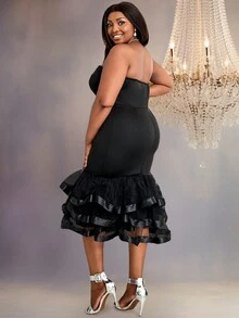 Vestido tubo de malla en contraste bajo a capas - Negro - Ver 2