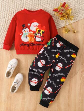 2 件装小男孩圣诞老人和雪人印花“圣诞快乐”字母印花节日运动衫和运动裤套装