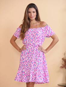 Women's Short Off-The-Shoulder Dress With Floral Print - 淺粉色 - 查看 7