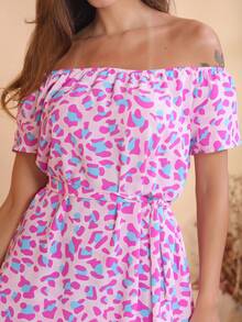 Women's Short Off-The-Shoulder Dress With Floral Print - 淺粉色 - 查看 3