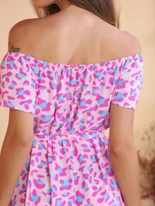 Women's Short Off-The-Shoulder Dress With Floral Print - 淺粉色 - 查看 4