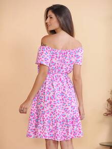 Women's Short Off-The-Shoulder Dress With Floral Print - 淺粉色 - 查看 5