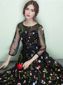 圆领网眼刺绣长款礼服，后背系带，3/4 袖晚礼服，婚礼活动礼服，黑色优雅舞会礼服，适合婚礼嘉宾、毕业典礼、晚宴派对礼服 - 黑色 - 查看 3