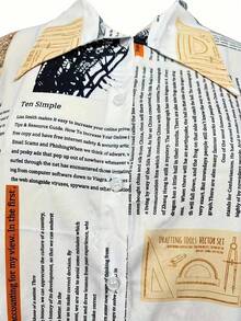 大码女式报纸印花翻领开衩下摆休闲宽松衬衫 白色 春季 - 白色 - 查看 5