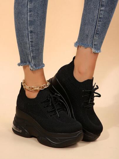 Fall/Winter Women's Comfortable New Platform Thick Sole Sneakers, Breathable Mesh Slip-On Loafers In Black And White, Lightweight Anti-Slip Casual Shoes