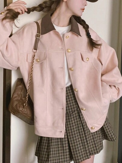 Pink Utility Jacket, Ladies Spring/Autumn 2024 New Petite Sweet Casual College Style Top