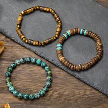 RINTOLER 1 套 3 件复古朋克风格椰壳、木珠、非洲草珠手链套装、几何嘻哈弹性手链，颜色随机，适合日常佩戴或旅行装 - 彩色 - 查看 3