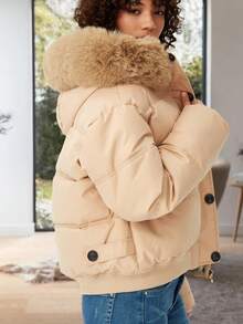 Sản phẩm mới cho mùa thu đông, quần áo đệm rộng rãi cho nữ có cổ lông và mũ. Áo khoác đa năng cho mùa đông. Áo khoác ngoài ngắn ấm áp. - Màu Khaki - Xem 6
