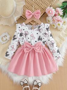Baby Girl Cute Bowknot Pattern Ruffle Hem Long Sleeve 2 In 1 Dress & Headband Set, Spring/Fall - Multicolor - View 1