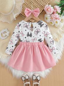 Baby Girl Cute Bowknot Pattern Ruffle Hem Long Sleeve 2 In 1 Dress & Headband Set, Spring/Fall - Multicolor - View 2