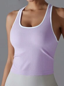 1 件女士纯色撞色条纹固定垫运动文胸上衣