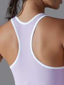 1 件女士纯色撞色条纹固定垫运动文胸上衣