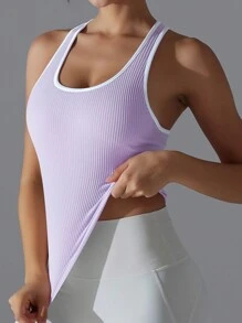 1 件女士纯色撞色条纹固定垫运动文胸上衣