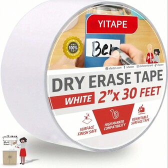 YITAPE White Dry Erase Tape, Reusable Whiteboard Labels, For Storage Boxes And Teacher Sentence Strips - Essential Office Supplies