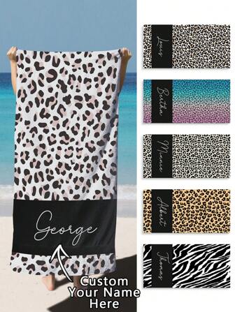 1pc Personalized Leopard Towel, Custom Bridesmaid Gift Bachelorette Party Gift, Animal Print Style Personalized Beach Towel, Multi-Functional, Reusable, Easy To Clean, Anti-Mold, Breathable, Exquisite, Cute Living Room, Home, Tea Room, For Anniversaries, For Graduation, For Weddings Summer Holiday Bathroom Decor Travel Essentials Travel Accessories Beach Essentials,Sunny Journey