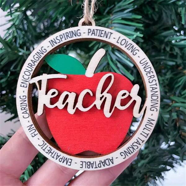 Exquisites und charmantes zweistöckiges Holzapfel-Lehrerschmuckstück in Rot - geeignet als Baumschmuck, Autoschmuck, Rucksackschmuck und Feiertagsdekoration, perfekt für Thanksgiving und Abschluss, das beste Geschenk für einen geliebten Lehrer
