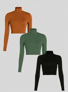 Kit 3 Ribbed Cropped Tops High Neck Long Sleeve Women's Fashion Elegant Foreign Woman - Caramel, Green and Black - View 1
