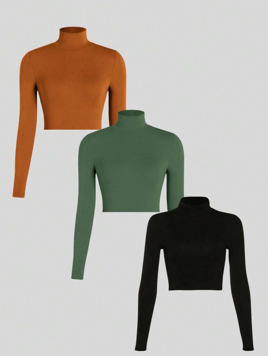 Kit 3 Ribbed Cropped Tops High Neck Long Sleeve Women's Fashion Elegant Foreign Woman - Caramel, Green and Black - View 1
