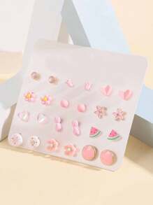 12pairs Kids Cute Minimalist Donut, Fruit, Flower, Heart Shaped Earring Set - Pink - View 3