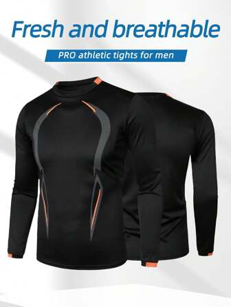 Men High Elastic Quick Dry Splicing Color Block Base Layer Tight Long Sleeve Shirt, Fashion Printed Breathable Quick Dry Running Sports Tops For Four Seasons
