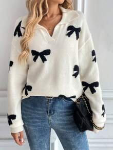 Women's Colorblock Butterfly Print Long Sleeve Sweater - Apricot - View 3