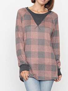 Boho Retro 90's Vintage  Checkered Solid Tie Dye V Stich Pink Mustard Blue Brown Raglan Drop Shoulder Knit Top  Cool Tunic Sweatshirt Pullover - 鏽棕色 - 查看 3