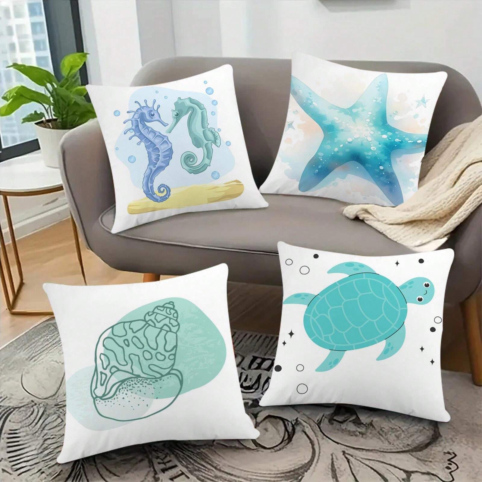 4pcs Starfish & Seahorse Design Pillow Covers, Modern Minimalist Luxury