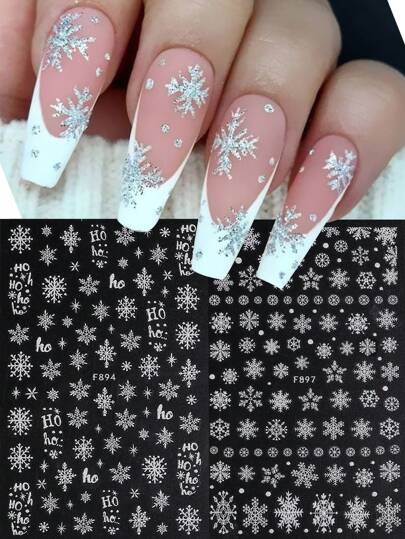 2 buc Glitter alb cu fulg de nea cu sclipici pentru unghii Zăpadă, iarnă, romantism, auto-adeziv, autocolante, decorațiuni pentru unghii de Anul Nou